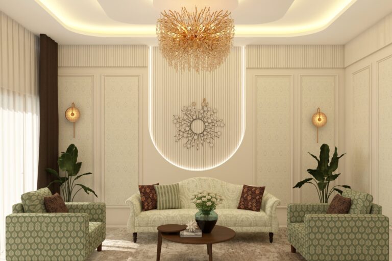 U-shaped luxury living room with wall trims and wallpaper